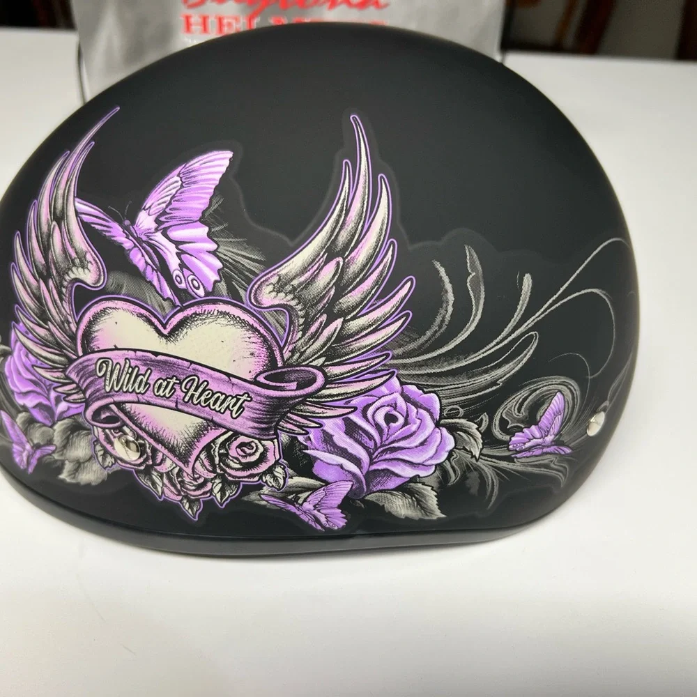 Matte Black Helmet with Purple 'Wild at Heart' Heart & Wings Graphic - Picture 1 of 5